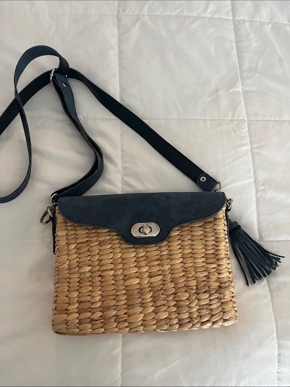 Woven Straw Crossbody with Navy Leather Flap